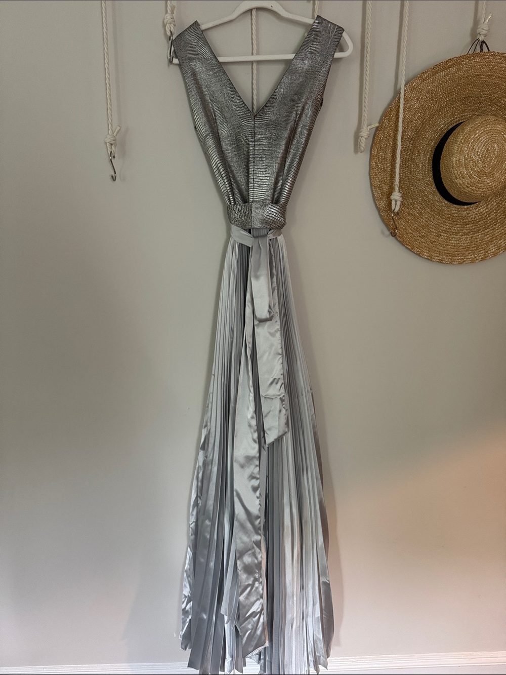 Silver V-Neck Pleated Evening couture Dress with Sash